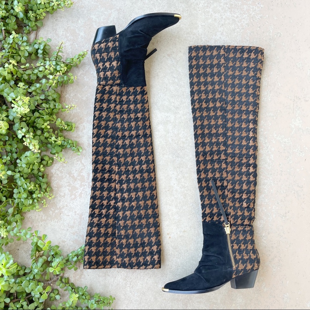 Schutz Tenia Houndstooth Tall Shaft Boot In Black Tan, Size 5B - Picture 2 of 5